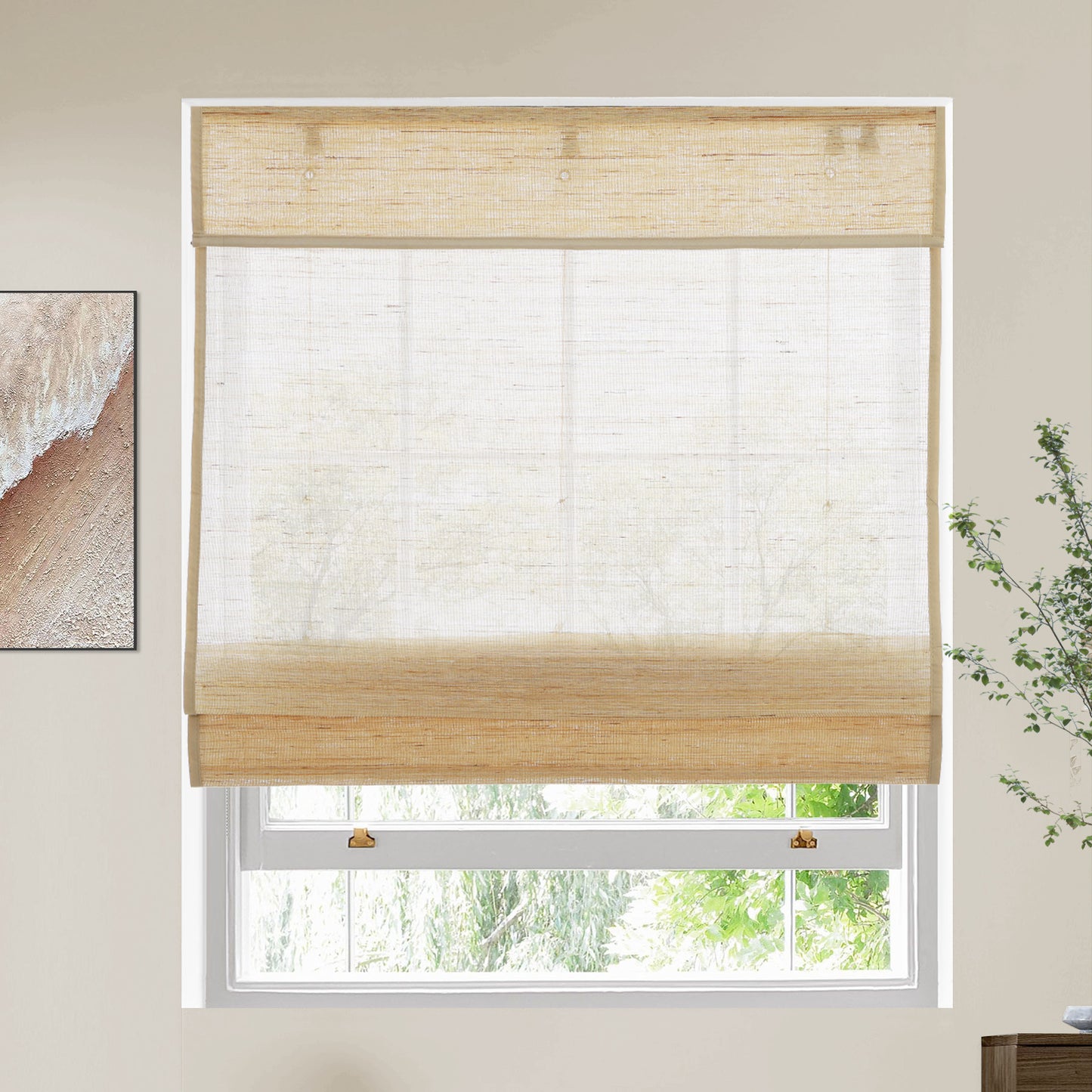 LANTIME No Drill Roman Shades|Natural Jute Bamboo Window Blinds Shades|Cordless Roman Shades for Windows and Doors