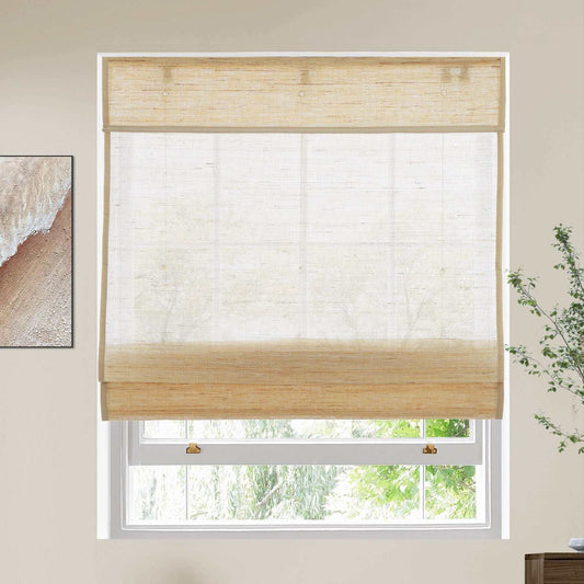 Cashew jute bamboo Roman shade installed in a window