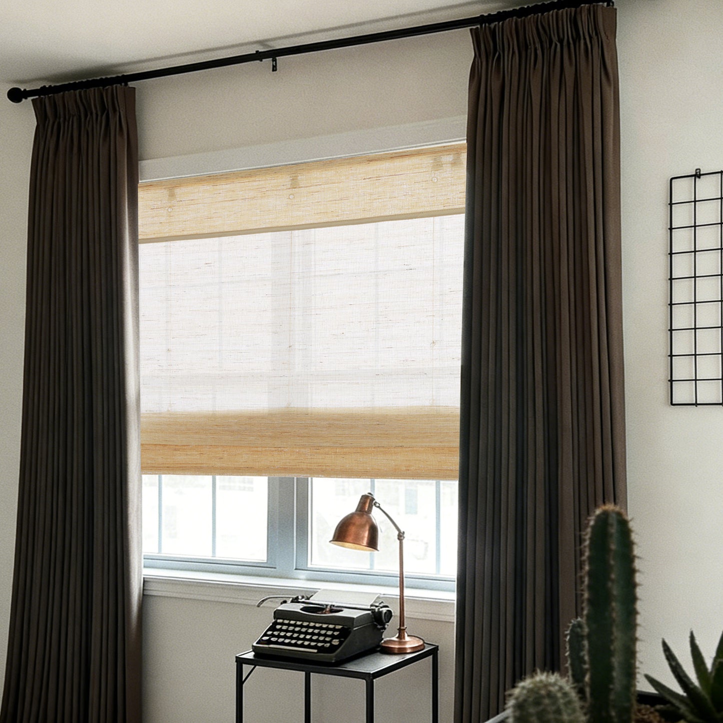 LANTIME No Drill Roman Shades|Natural Jute Bamboo Window Blinds Shades|Cordless Roman Shades for Windows and Doors
