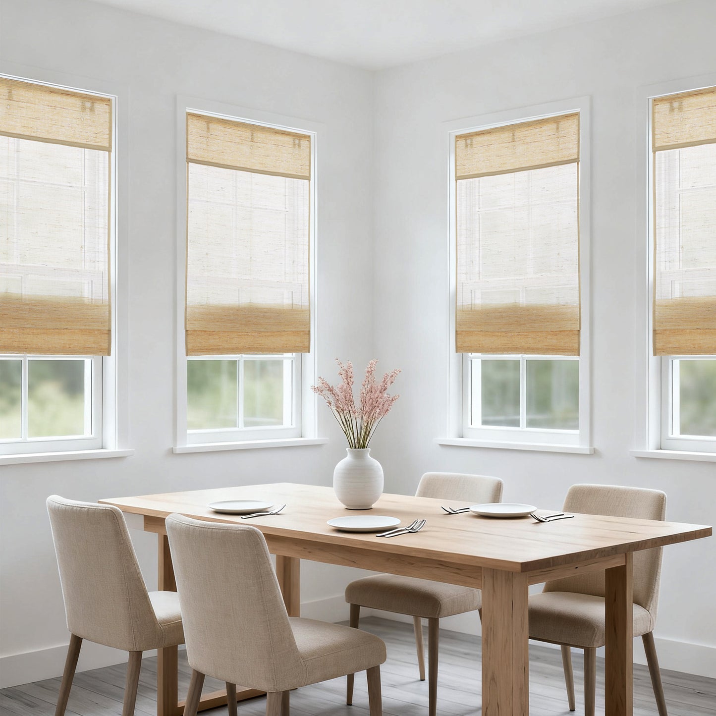 LANTIME No Drill Roman Shades|Natural Jute Bamboo Window Blinds Shades|Cordless Roman Shades for Windows and Doors