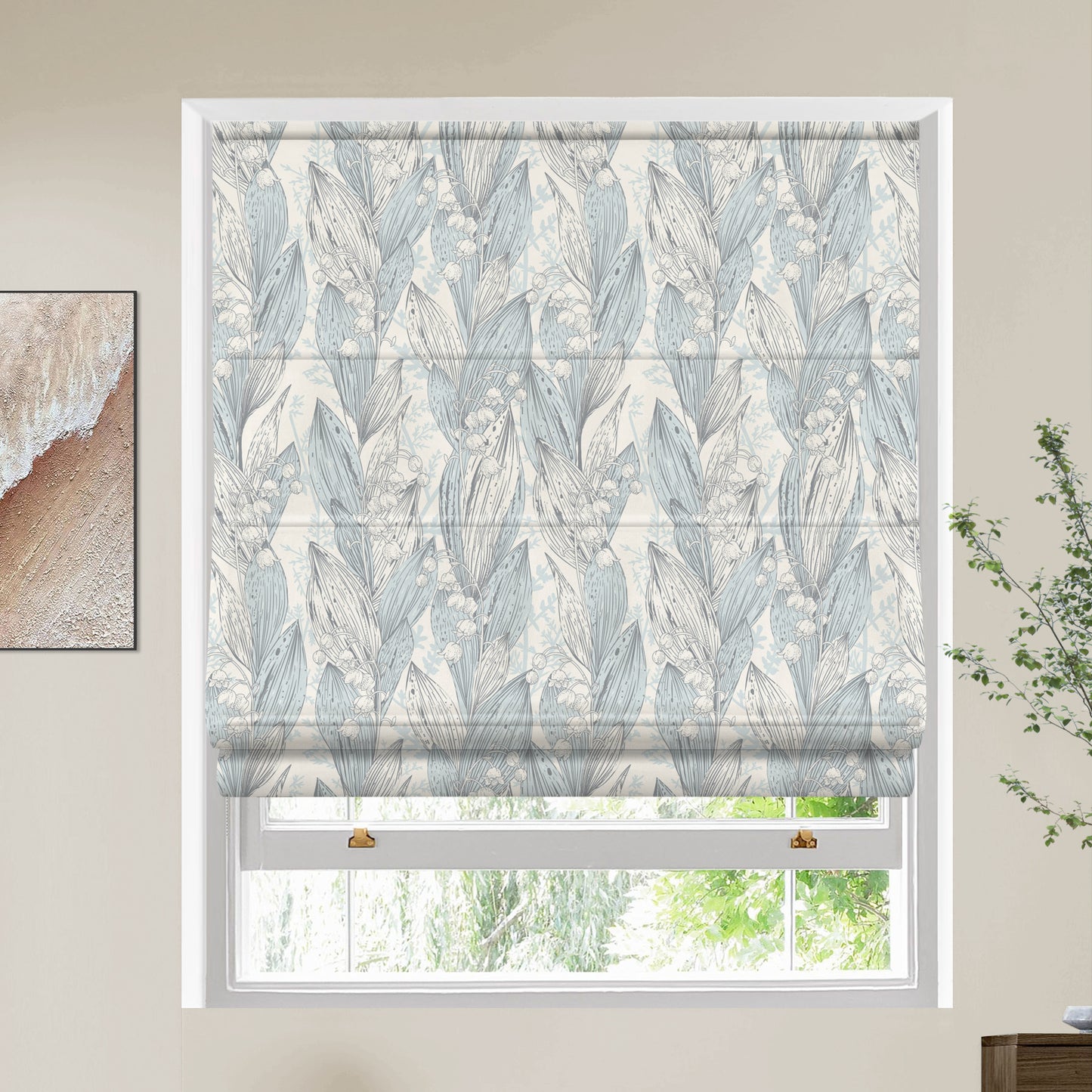 LANTIME No Drill No Tools Cordless Blackout Roman Shades Blinds, Custom Made Flowers Lined Window Shades Blinds for Windows, Doors, French Doors, Kitchen Windows
