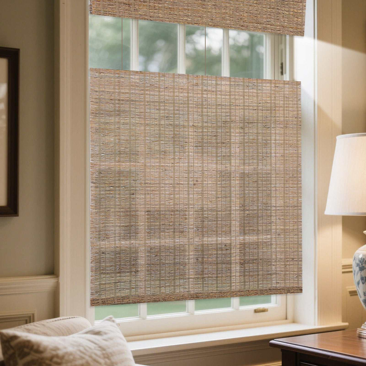 LANTIME Bamboo Roman Shade cordless natural woven top down bottom up window covering with flat folds and valance