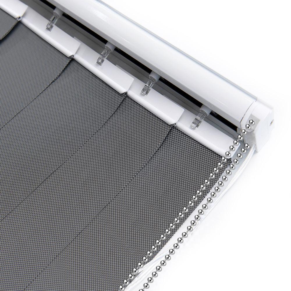 LANTIME Solar Mesh vertical blinds in beige for sliding doors with 5% openness and cordless design