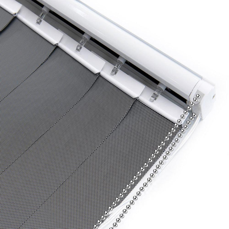LANTIME Solar Mesh vertical blinds in beige for sliding doors with 5% openness and cordless design