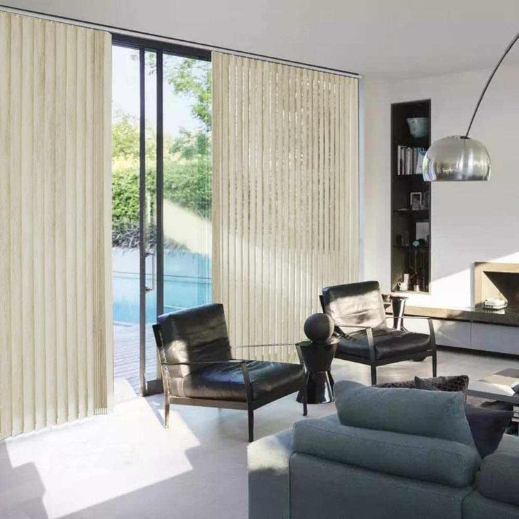 Blackout vertical blinds with 3.5-inch slats for thermal insulation and energy saving, made to order for large windows and doors