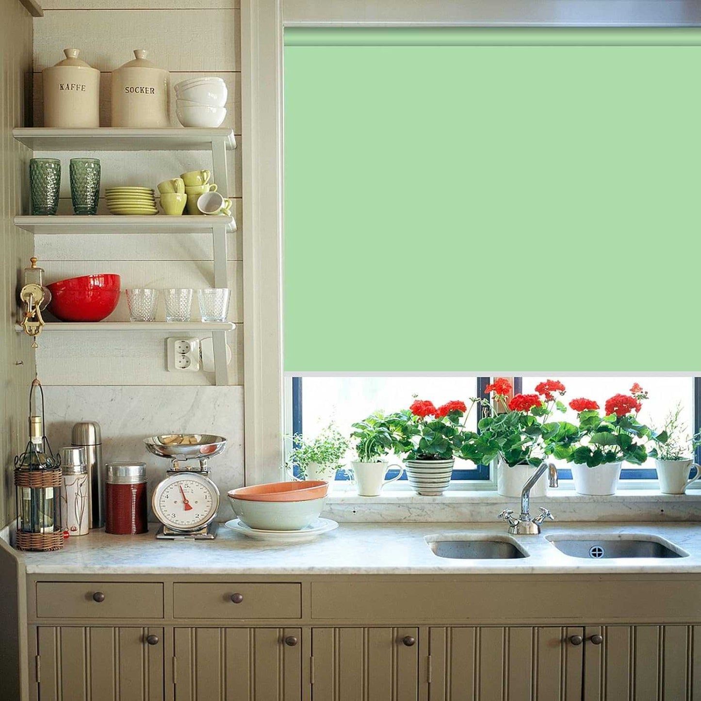 LANTIME Kitchen Bathroom Waterproof Window Shades, Cordless 100% Blackout Waterproof Oilproof and Mildew Resistent, Provide Privacy and Easy Care Beige Window Blinds