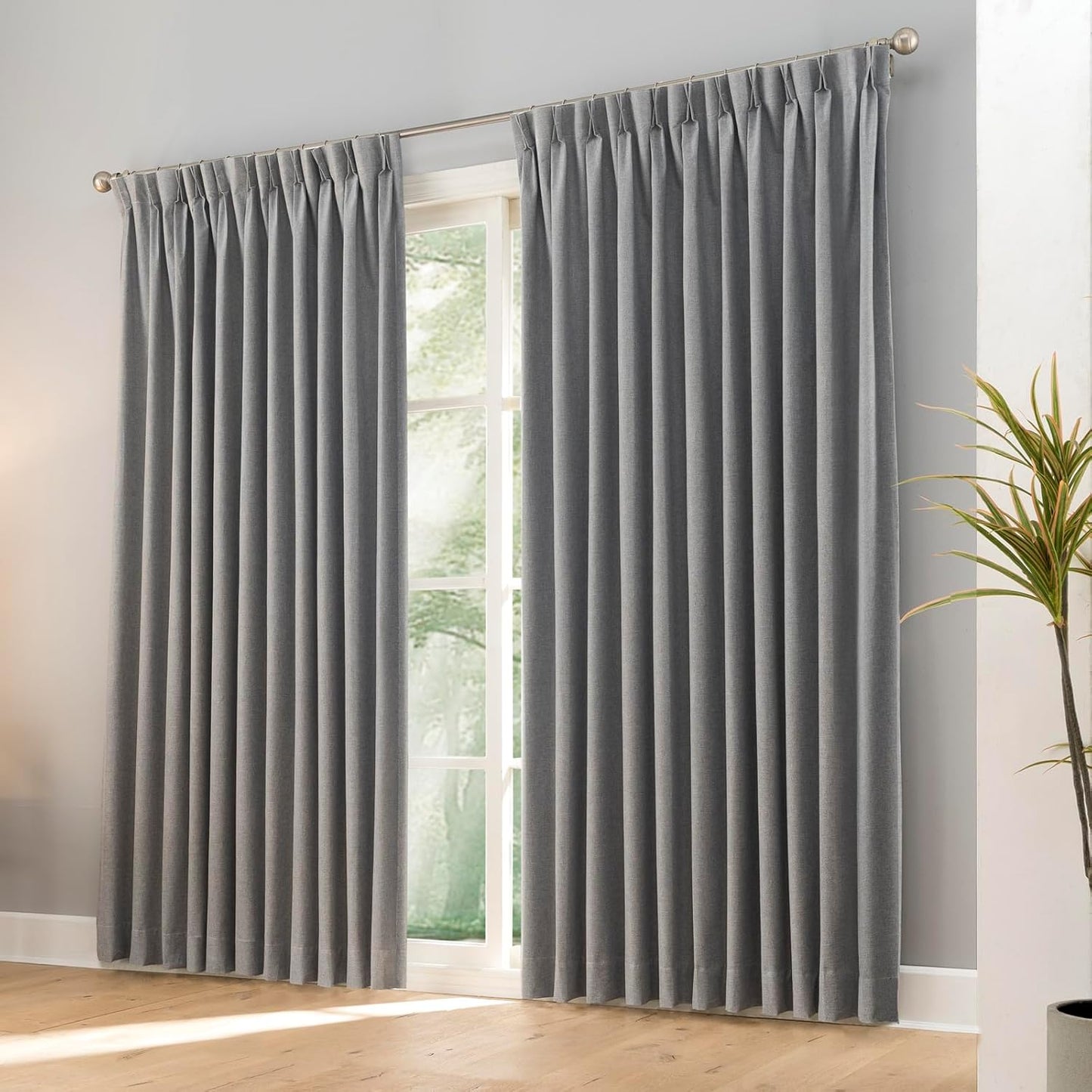 LANTIME Blackout Pinch Pleat Drapes, Pencil Pleated Faux Linen Textured Window Curtains, 2 Panels