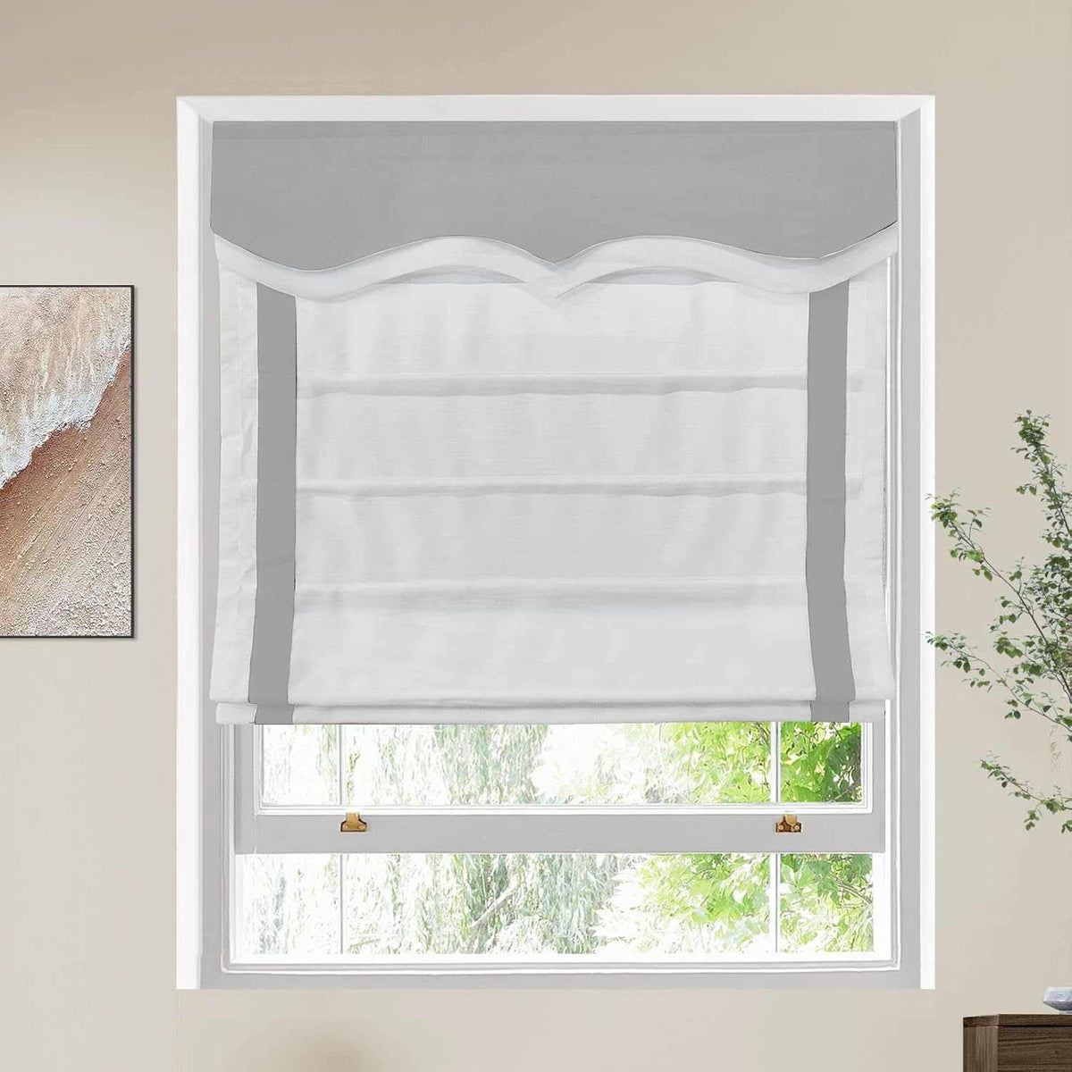 No-drill cordless blackout Roman shade custom fit installed on window for privacy and light control