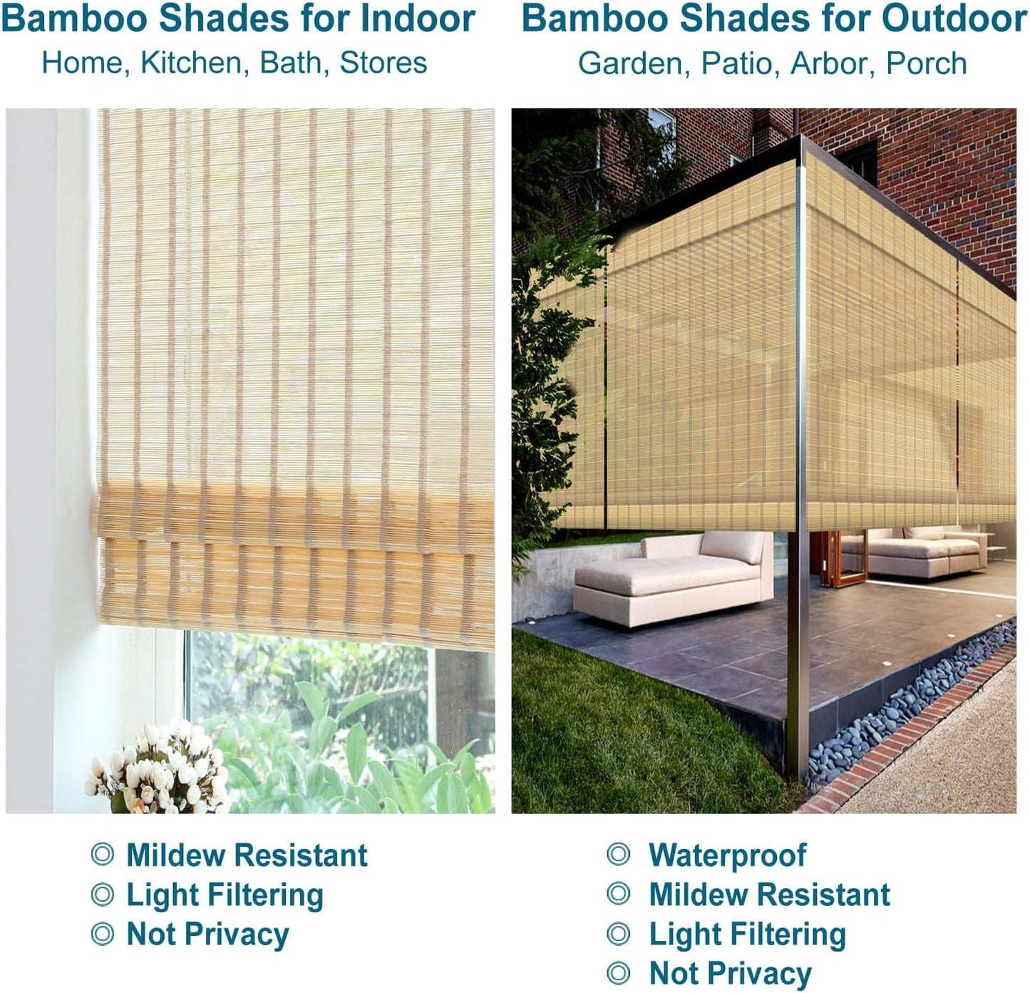 No Tools No Drill Wood Window Roman Shades, Bamboo Light Filtering Window Blinds for Indoor Home, Office, Kitchen