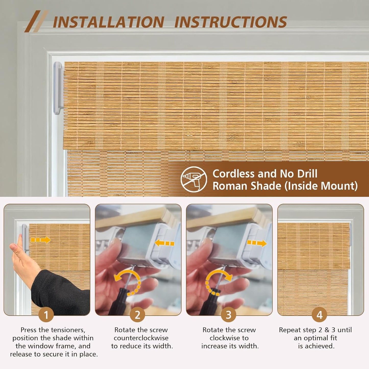 No Tools No Drill Wood Window Roman Shades, Bamboo Lined Blackout Window Blinds for Home Indoor,Office,Kitchen