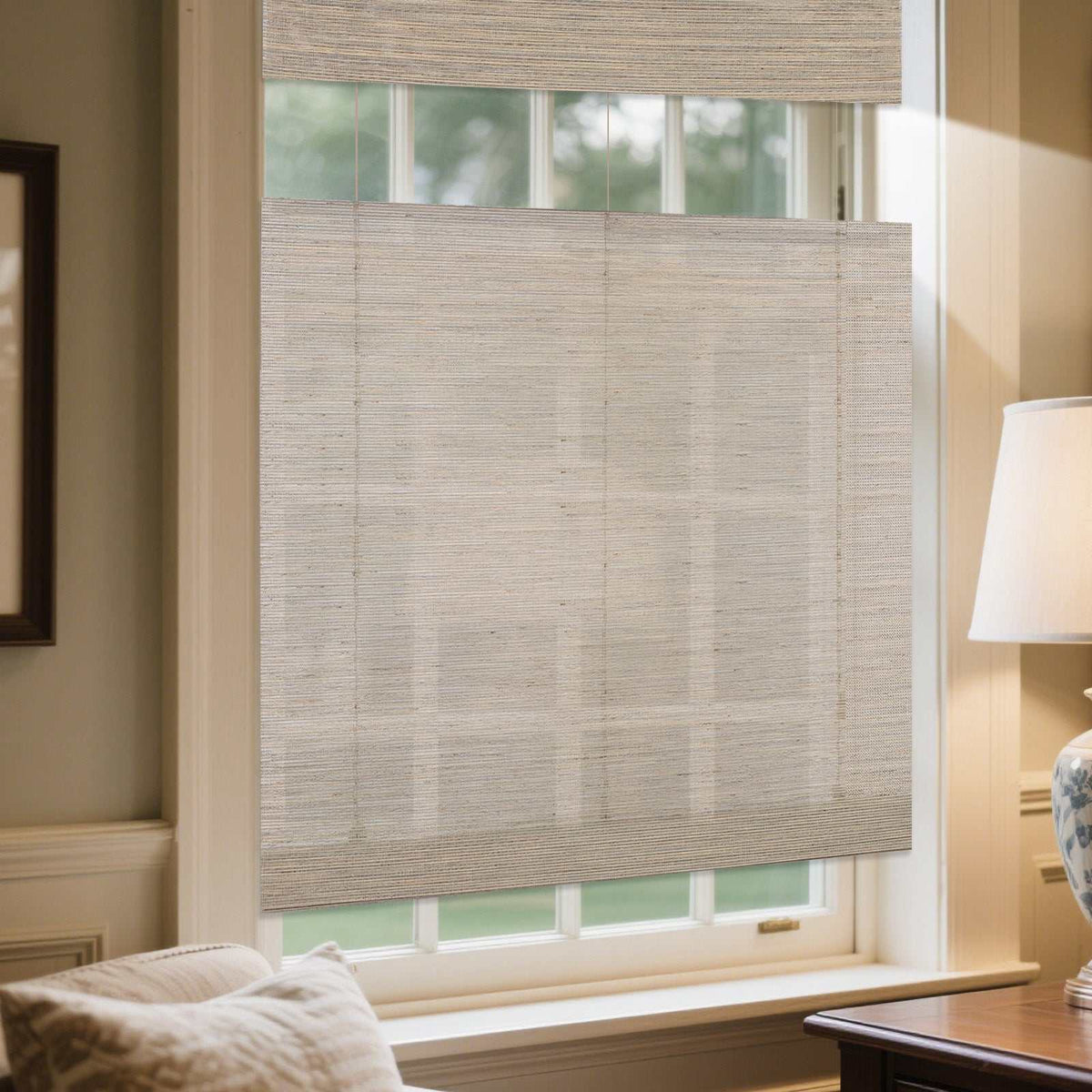 LANTIME Natural Linen bamboo Roman shade with cordless top down bottom up design and matching valance