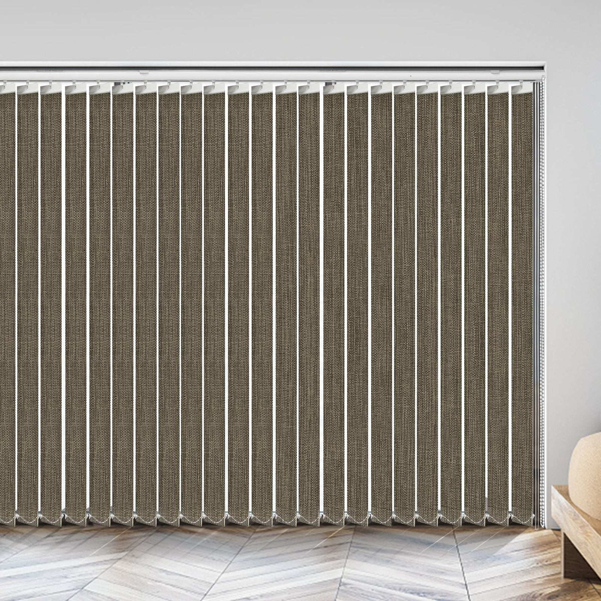 LANTIME Fabric Vertical Blinds 3.5-inch light filtering slats on a window with modern design
