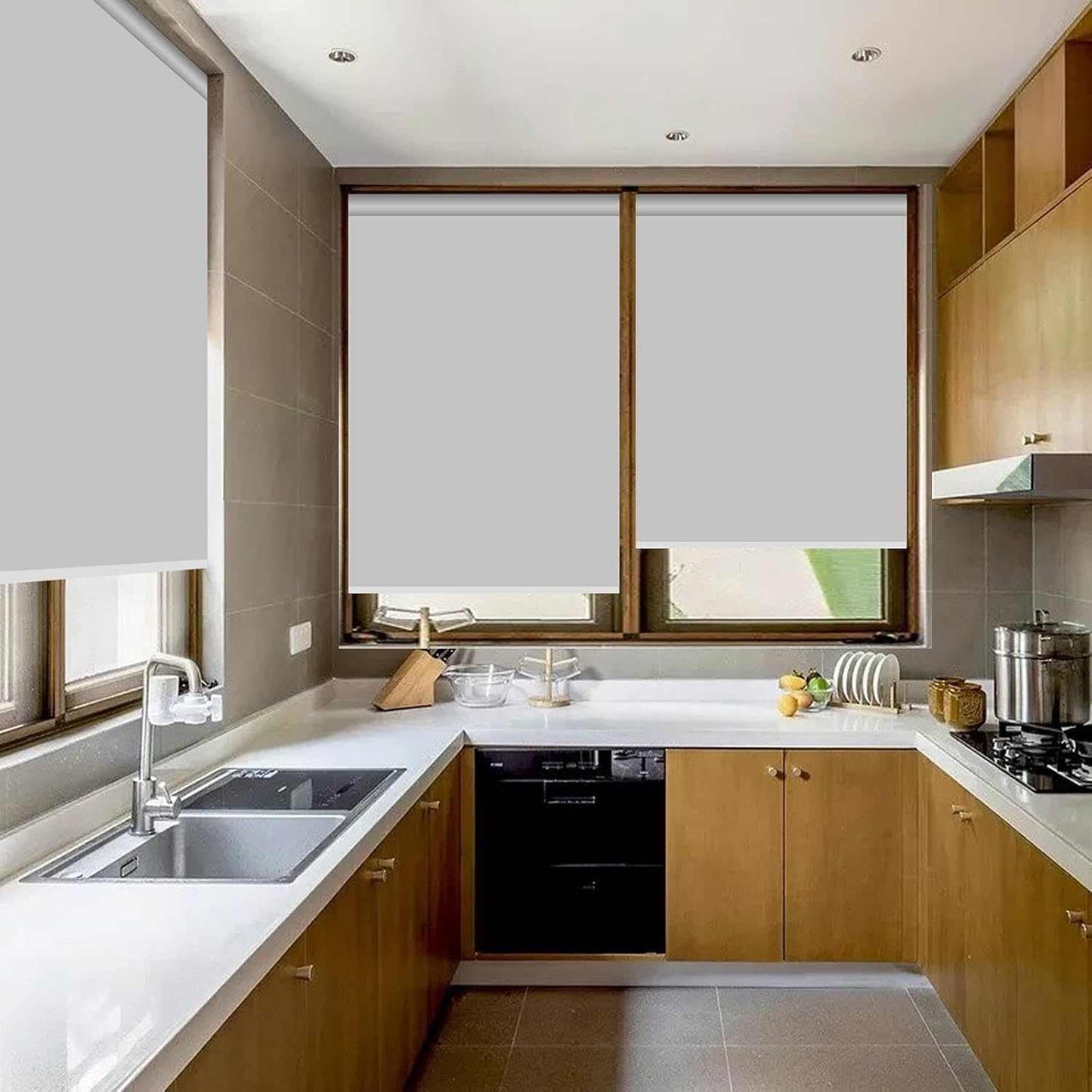 LANTIME Kitchen Bathroom Waterproof Window Shades, Cordless 100% Blackout Waterproof Oilproof and Mildew Resistent, Provide Privacy and Easy Care Beige Window Blinds