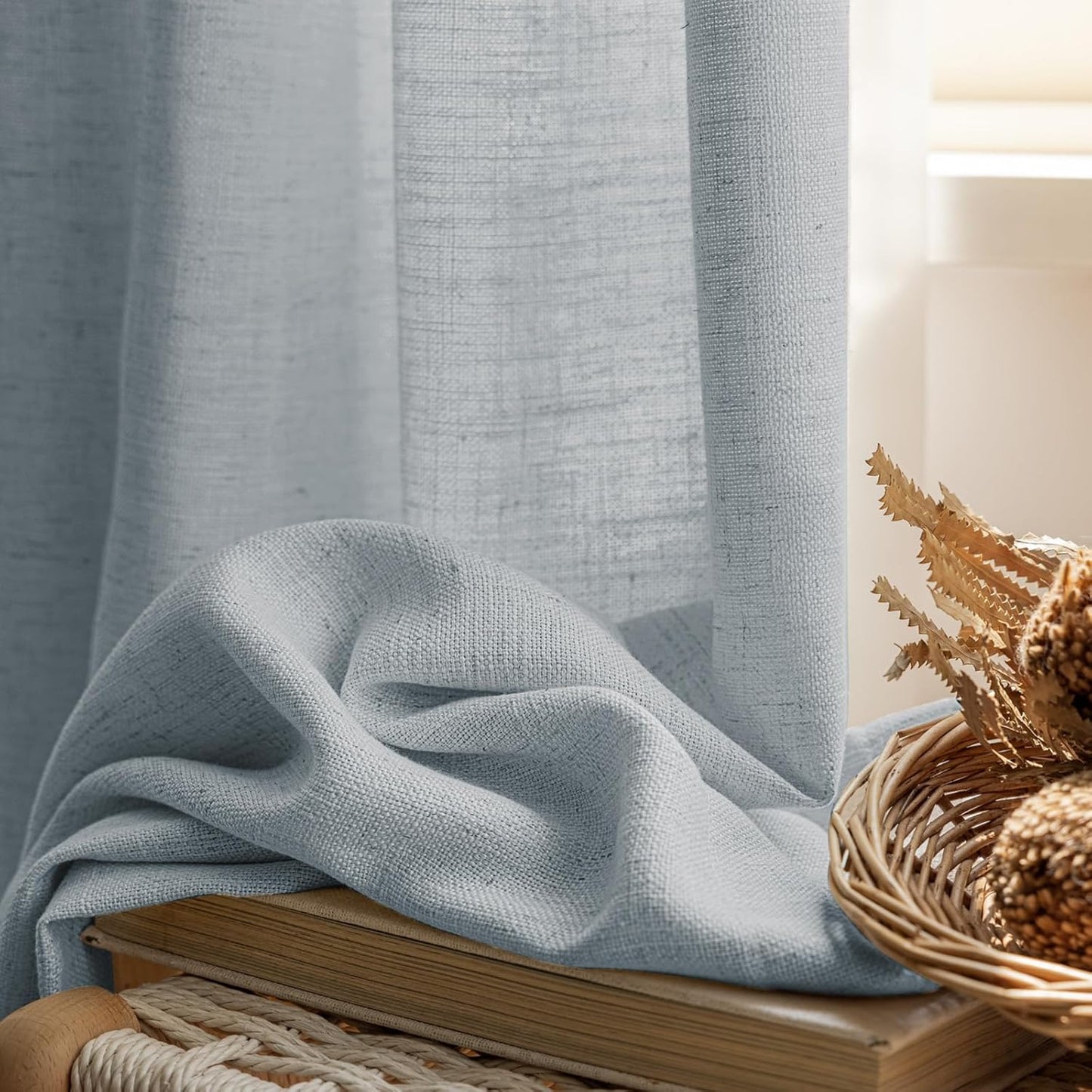 LANTIME Privacy Panels for Windows, Double Pleats Linen Fabric Window Curtains, 2 Panels