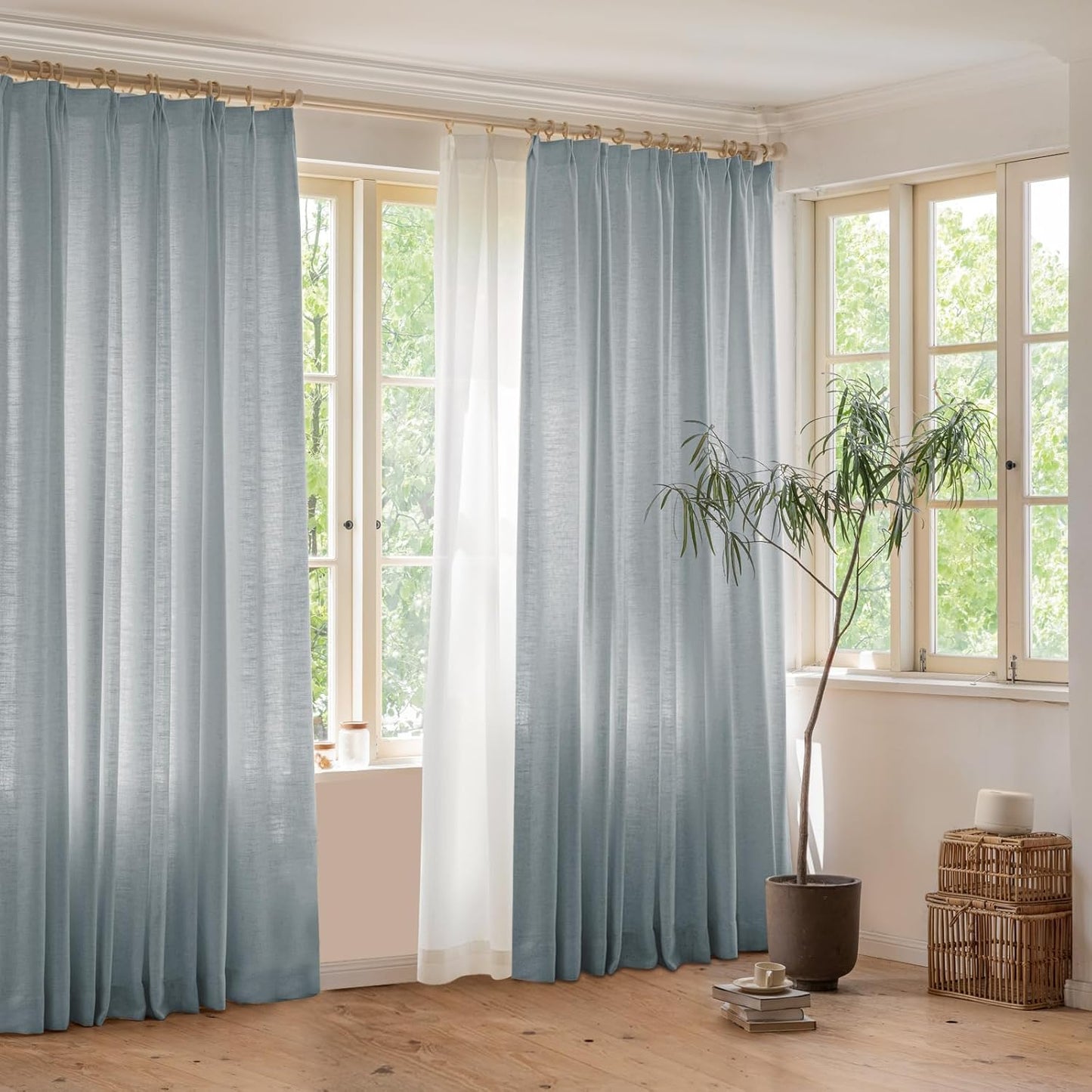 LANTIME Privacy Panels for Windows, Double Pleats Linen Fabric Window Curtains, 2 Panels