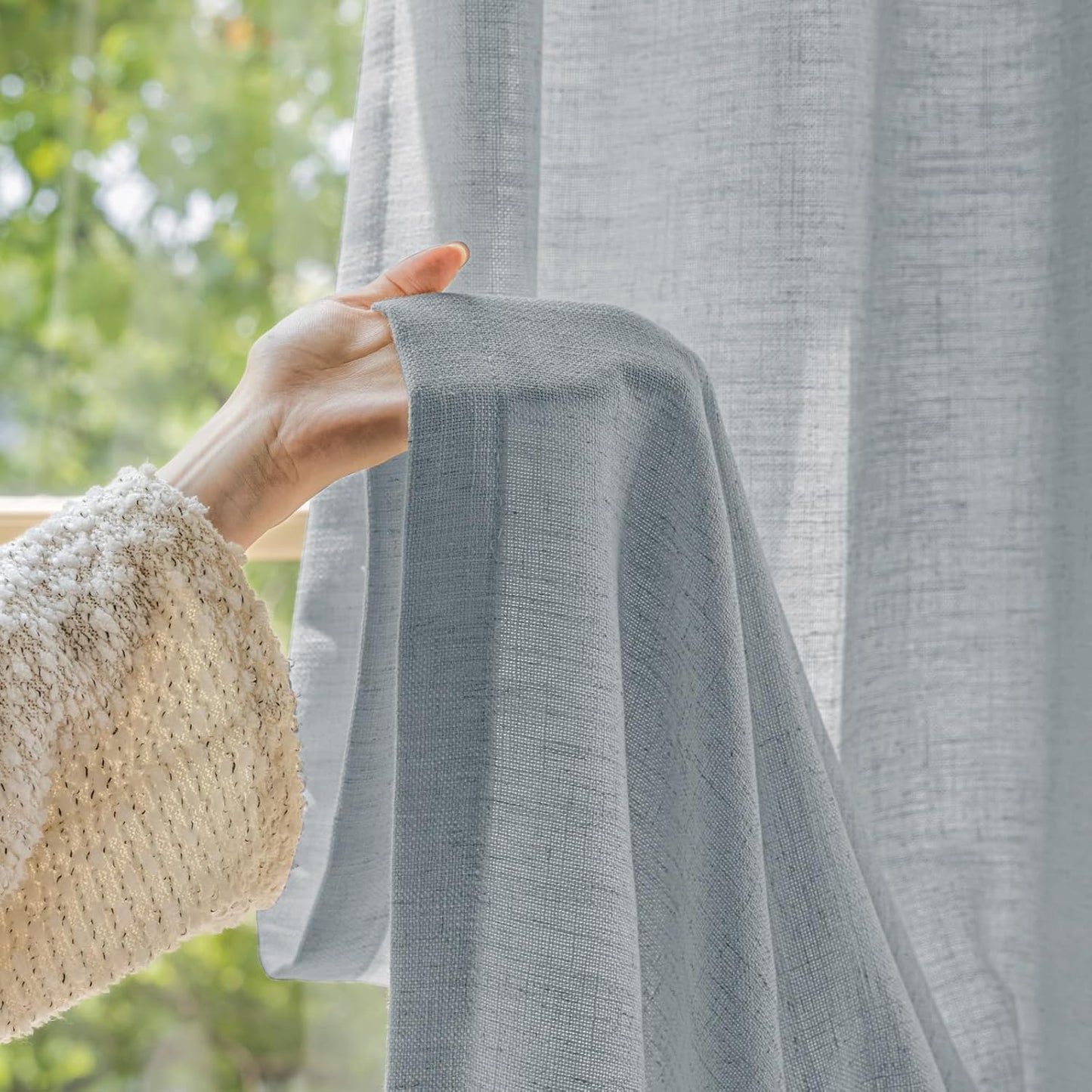 LANTIME Privacy Panels for Windows, Double Pleats Linen Fabric Window Curtains, 2 Panels