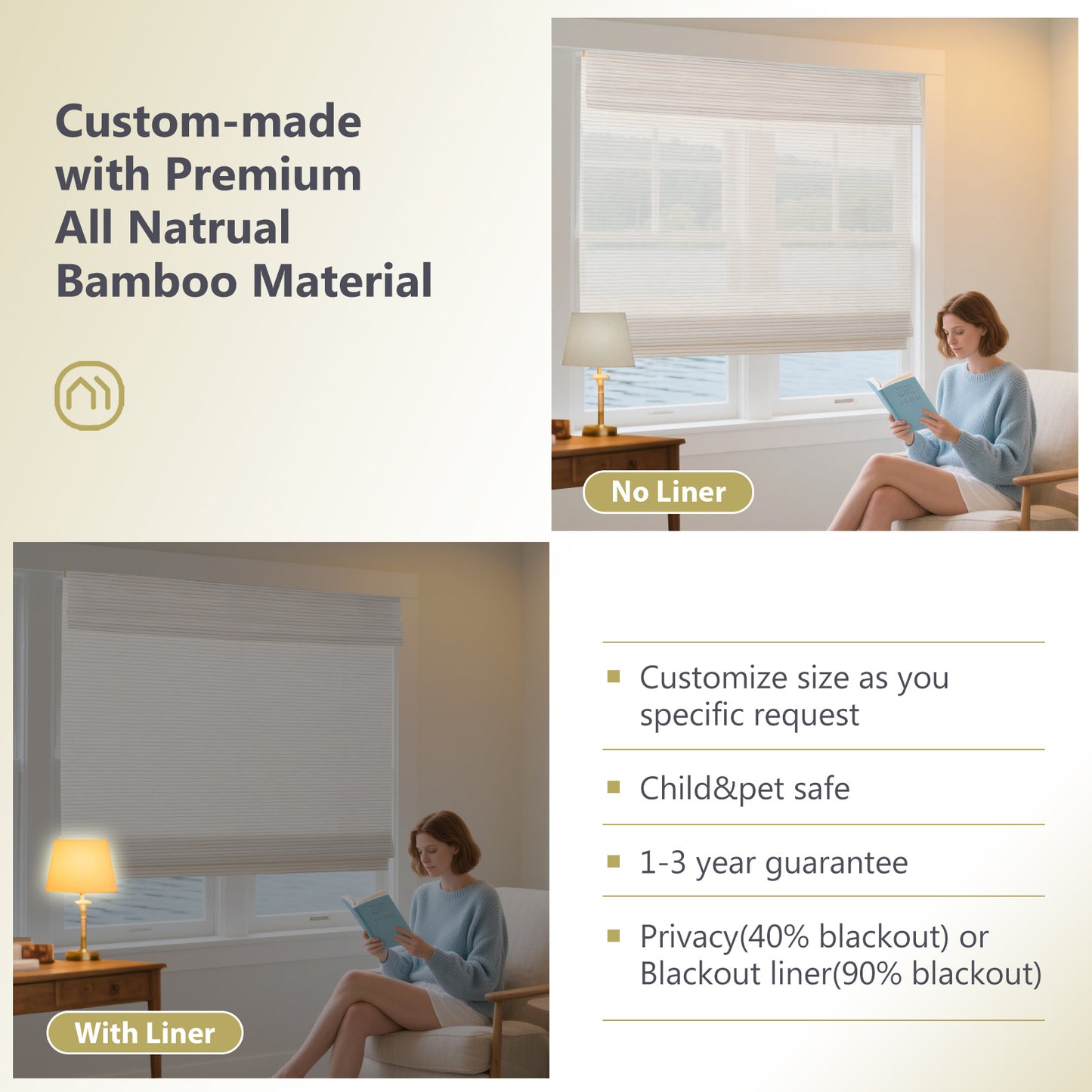 LANTIME No Drill Roman Shades|Natural Jute Bamboo|Top Down Bottom Up Cordless|Cordless Roman Shades for Windows and Doors