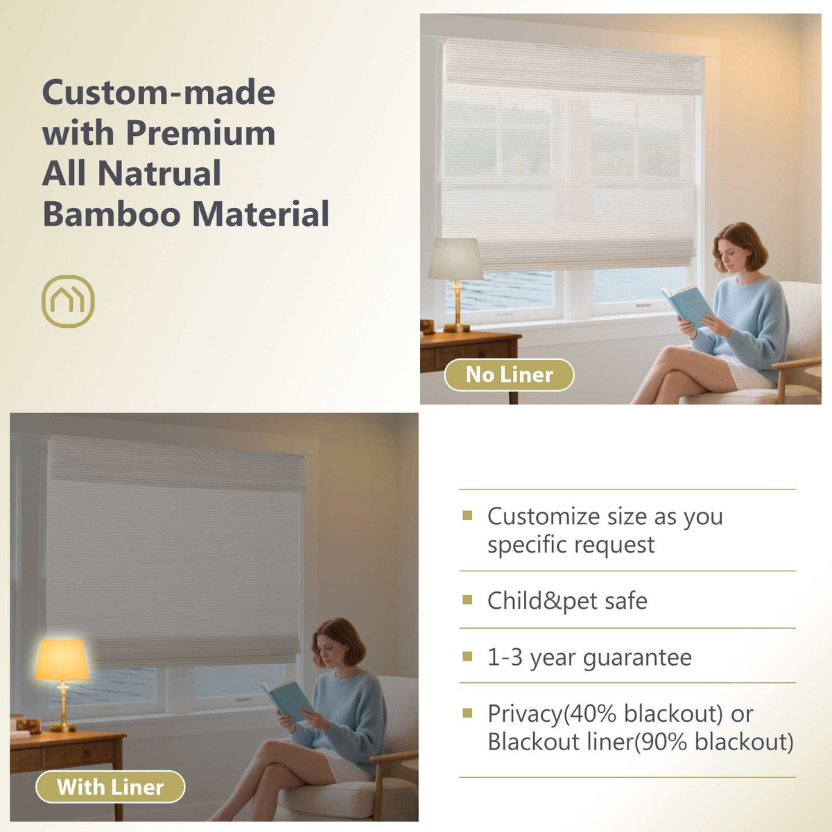 LANTIME No-Drill Natural Jute Bamboo Roman Shade cordless top down bottom up blinds installed on window