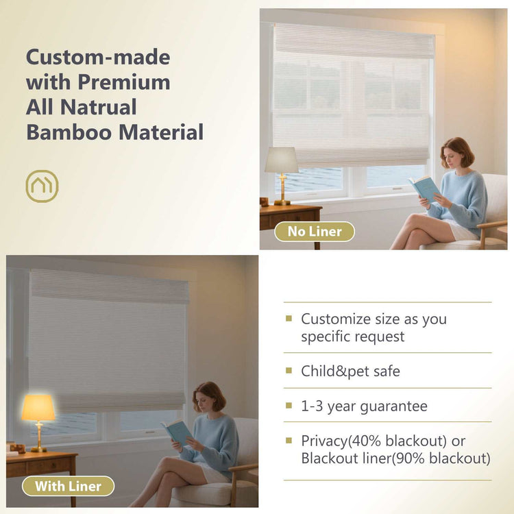 LANTIME No-Drill Natural Jute Bamboo Roman Shade cordless top down bottom up blinds installed on window