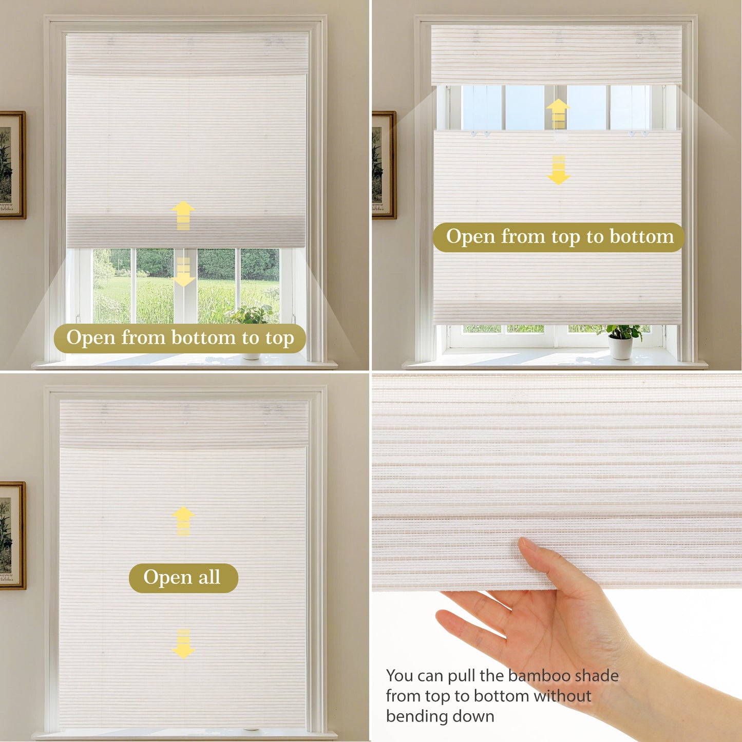 LANTIME No Drill Roman Shades|Natural Jute Bamboo|Top Down Bottom Up Cordless|Cordless Roman Shades for Windows and Doors