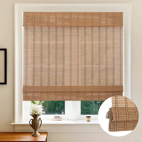 Cordless bamboo Roman shade filtering light with natural woven texture, inside and outside mount options
