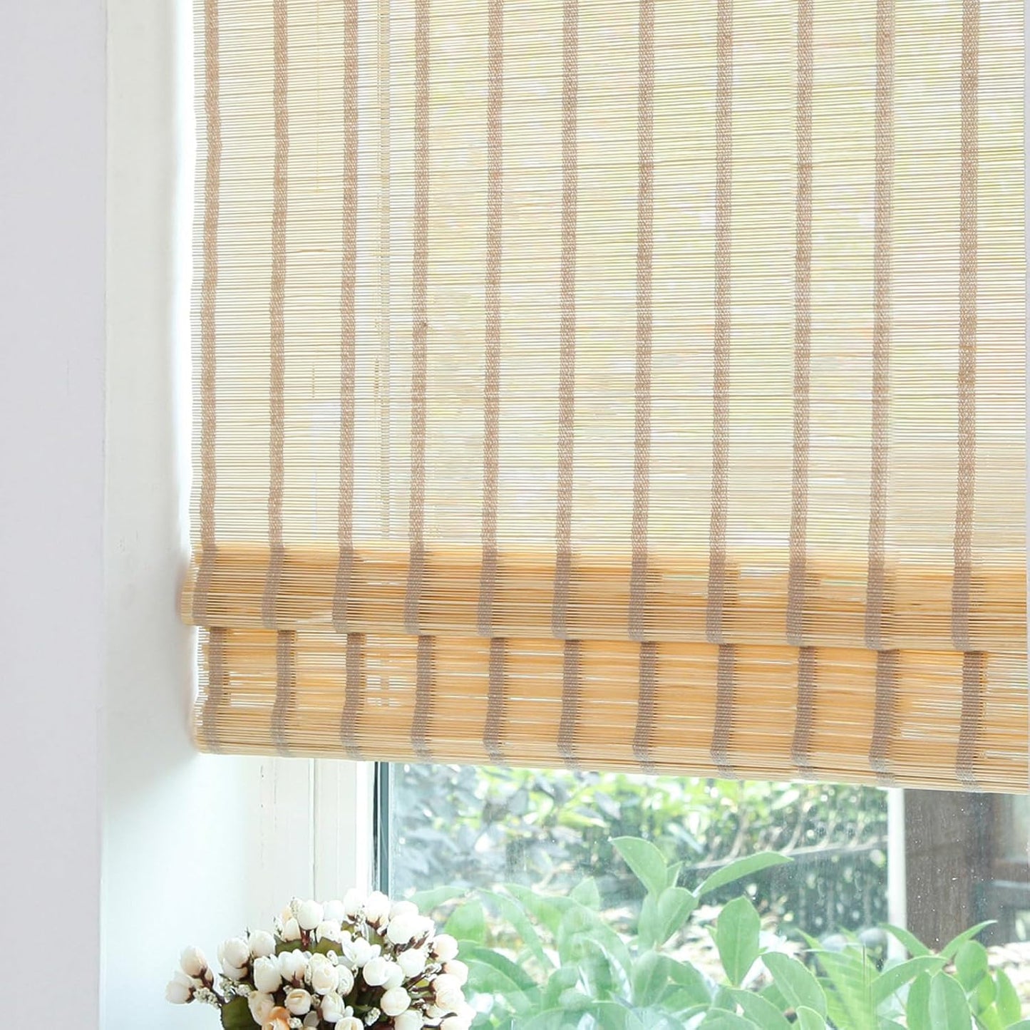 No Tools No Drill Wood Window Roman Shades, Bamboo Light Filtering Window Blinds for Indoor Home, Office, Kitchen