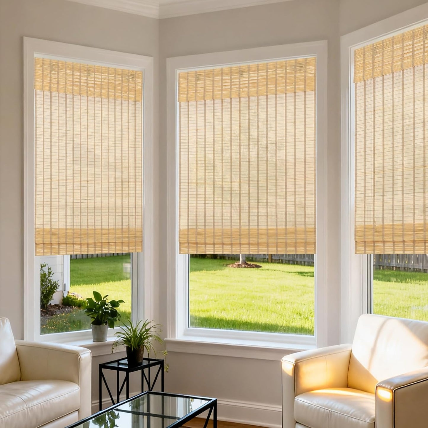 No Tools No Drill Wood Window Roman Shades, Bamboo Light Filtering Window Blinds for Indoor Home, Office, Kitchen