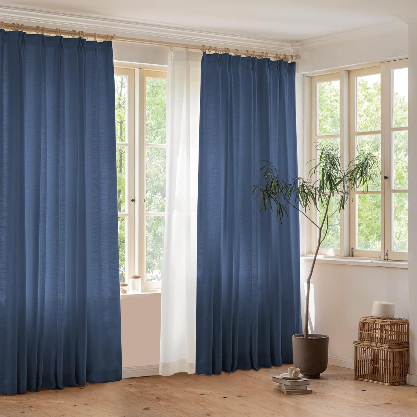 LANTIME Privacy Panels for Windows, Double Pleats Linen Fabric Window Curtains, 2 Panels