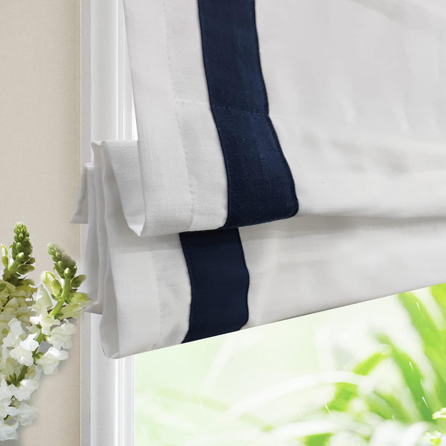 LANTIME No Tools No Drill Cordless Blackout Roman Shades Blinds, White Fabric Lined Custom Valanced Window Shades Blinds for Windows, French Doors, Kitchen Windows