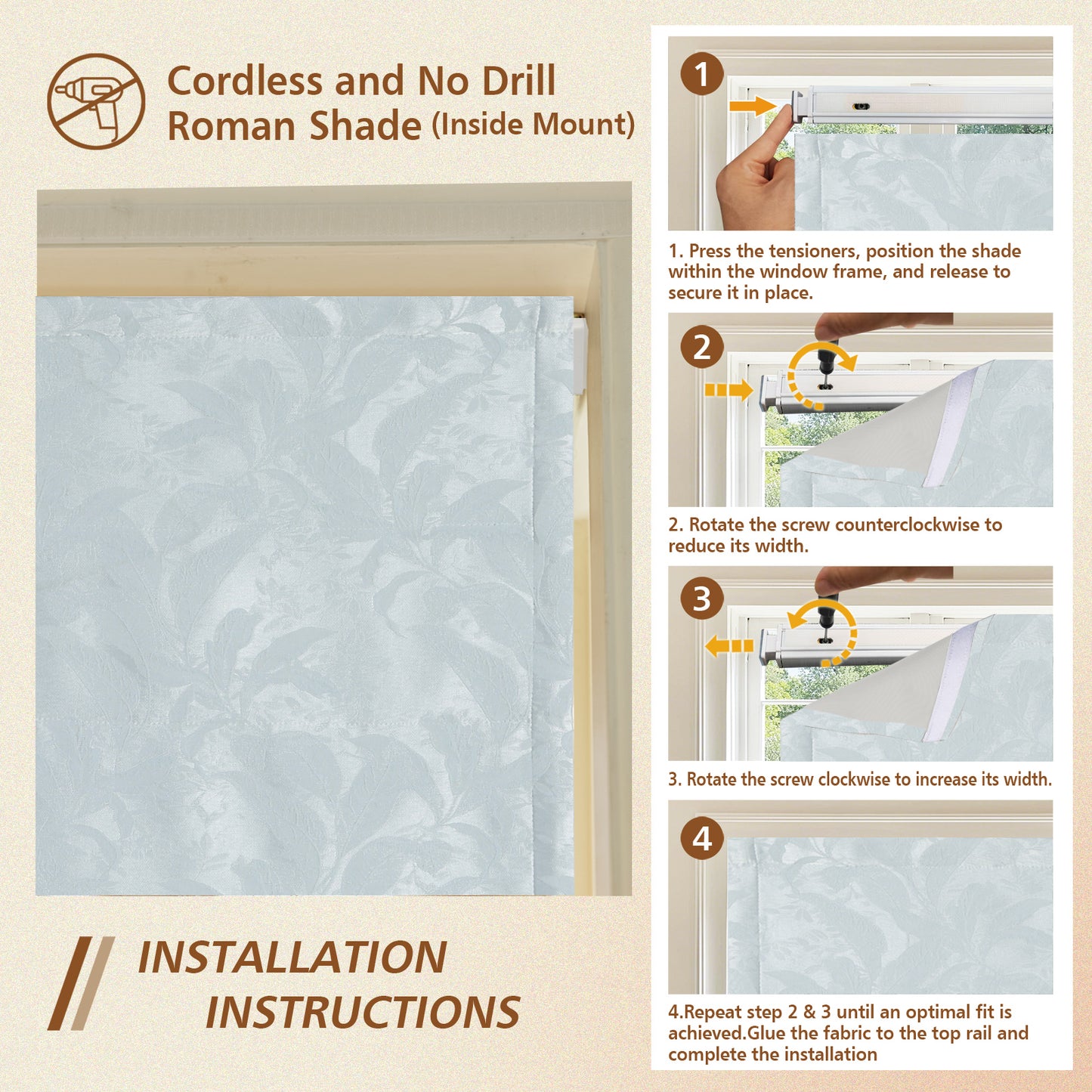 LANTIME No Tools No Drill Cordless Blackout Roman Shades Blinds, White Fabric Lined Custom Valanced Window Shades Blinds for Windows, French Doors, Kitchen Windows