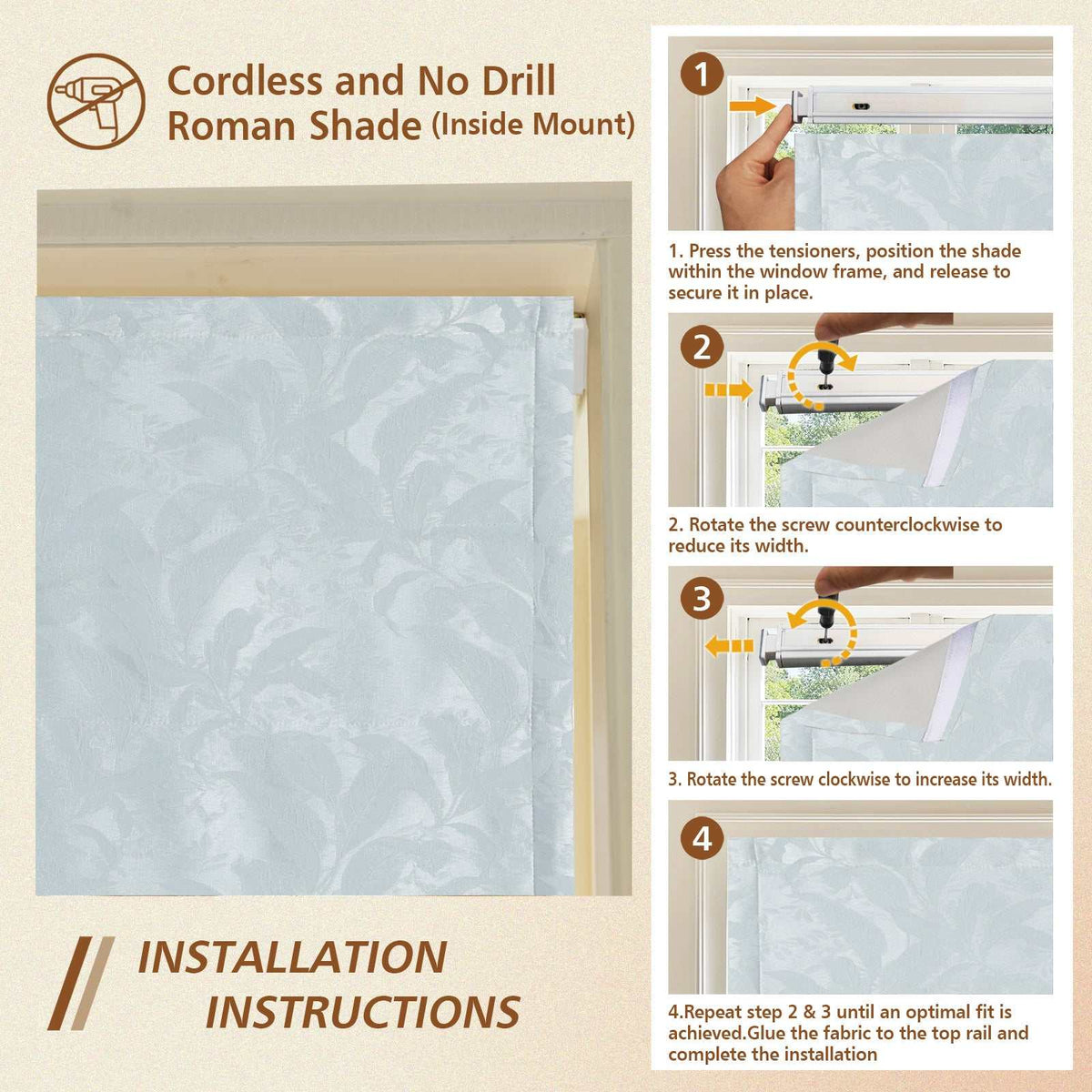 No-Drill Blackout Roman Shade in white fabric with cordless lift system and custom sizing options