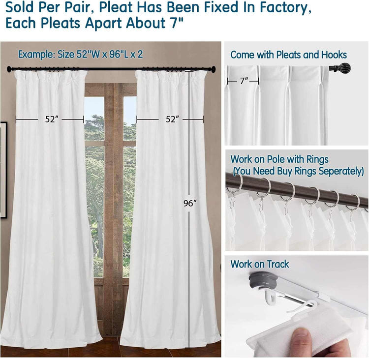 Velvet room darkening curtains with pinch pleats, thermal insulation, set of 2 panels blocking 60% light