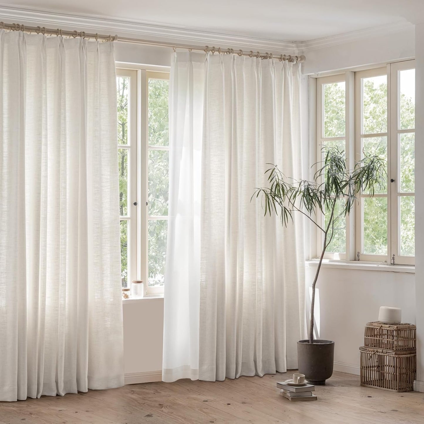 LANTIME Privacy Panels for Windows, Double Pleats Linen Fabric Window Curtains, 2 Panels