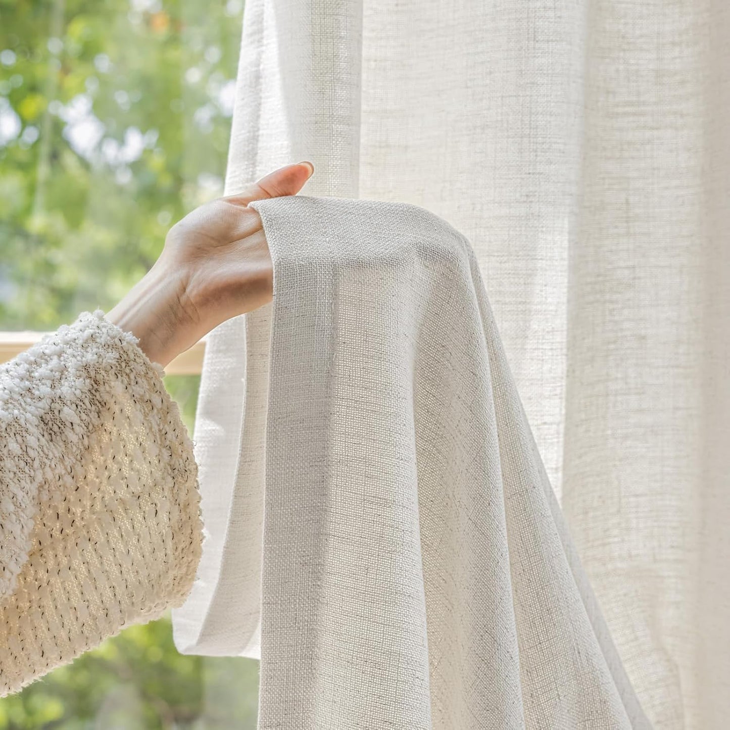 LANTIME Privacy Panels for Windows, Double Pleats Linen Fabric Window Curtains, 2 Panels