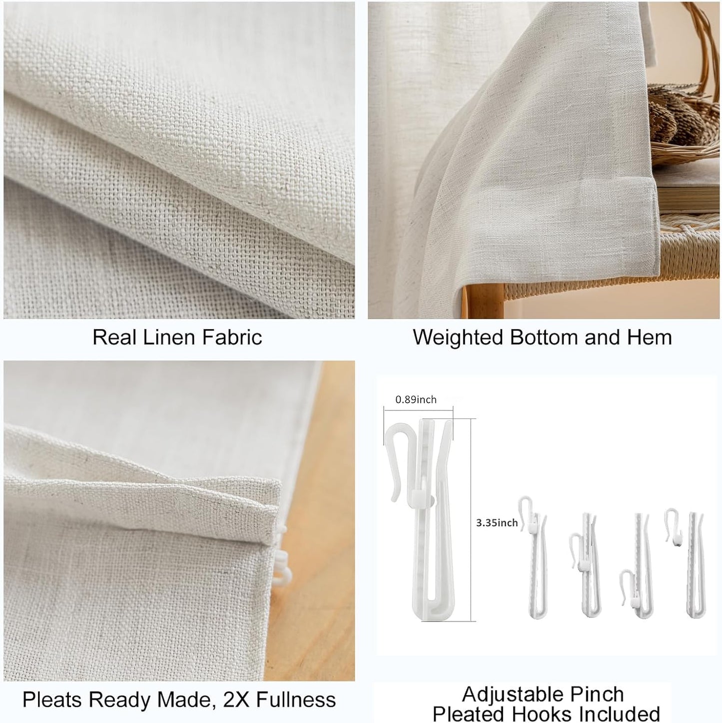 LANTIME Privacy Panels for Windows, Double Pleats Linen Fabric Window Curtains, 2 Panels
