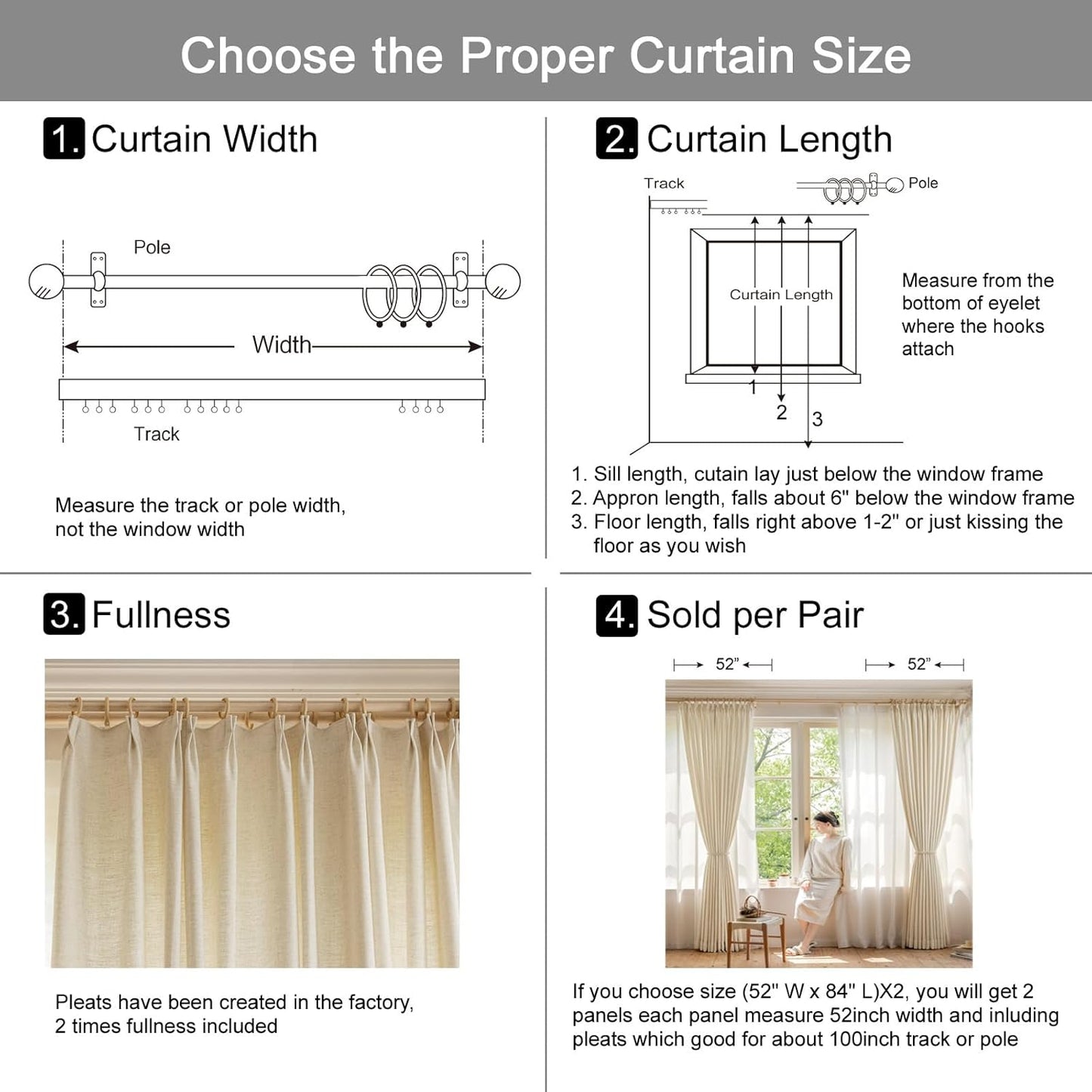 LANTIME Privacy Panels for Windows, Double Pleats Linen Fabric Window Curtains, 2 Panels
