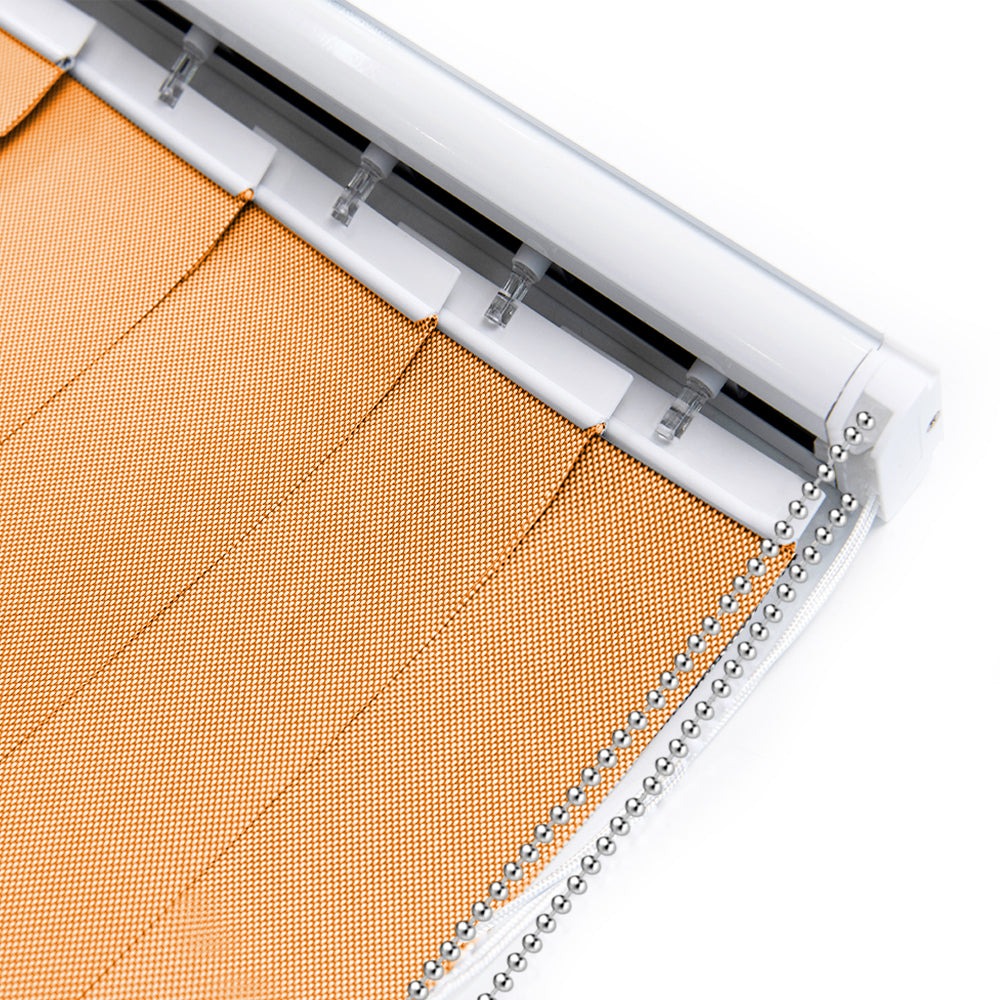 LANTIME Solar Mesh cordless beige vertical blinds with 5% openness on sliding door reducing sun glare and UV rays