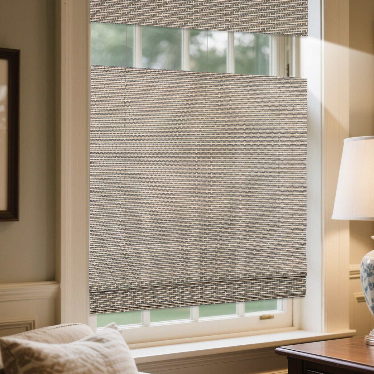 LANTIME Natural Linen Bamboo Roman Shade cordless top down bottom up window covering with flat folds and natural wood texture