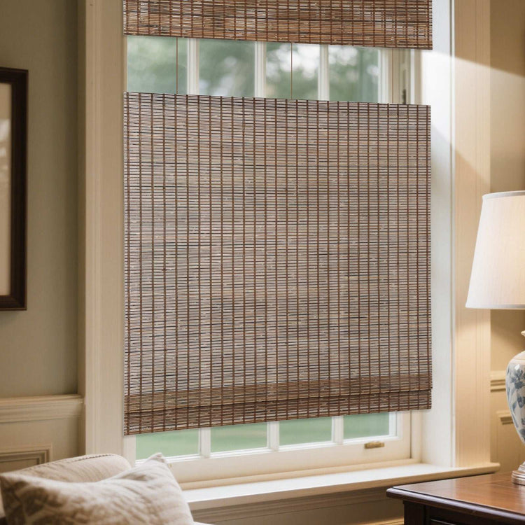 LANTIME Natural Linen Bamboo Roman Shade cordless top down bottom up window blind with vintage wood texture