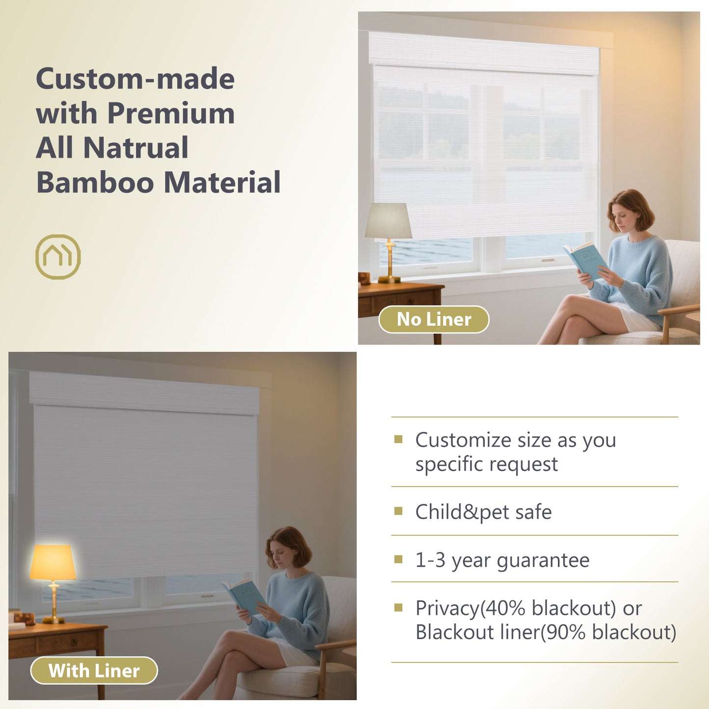 Custom Bamboo Shades|Natural Bamboo|Top Down Bottom Up Cordless|Cordless Roman Shades for Windows and Doors (Natural Woven)