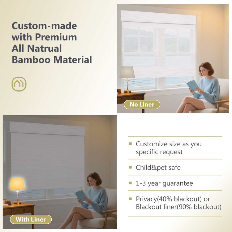 LANTIME Natural Linen Bamboo Roman Shade cordless top down bottom up window treatment with natural linen texture