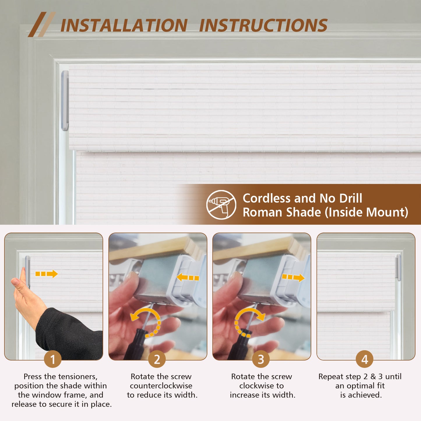 LANTIME No Tools No Drill Wood Cordless Window Shades Blinds,Bamboo Roman Shades