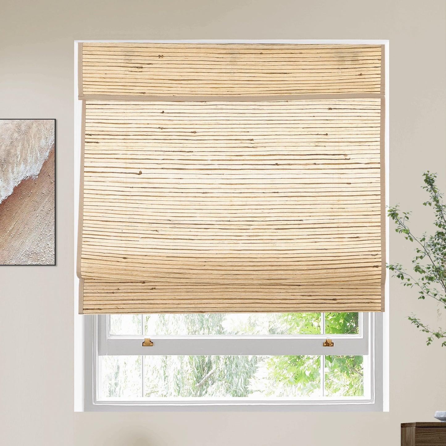 LANTIME No Drill No Tools Cordless Nature Window Blinds Shades, Natural Ramie Roman Shades