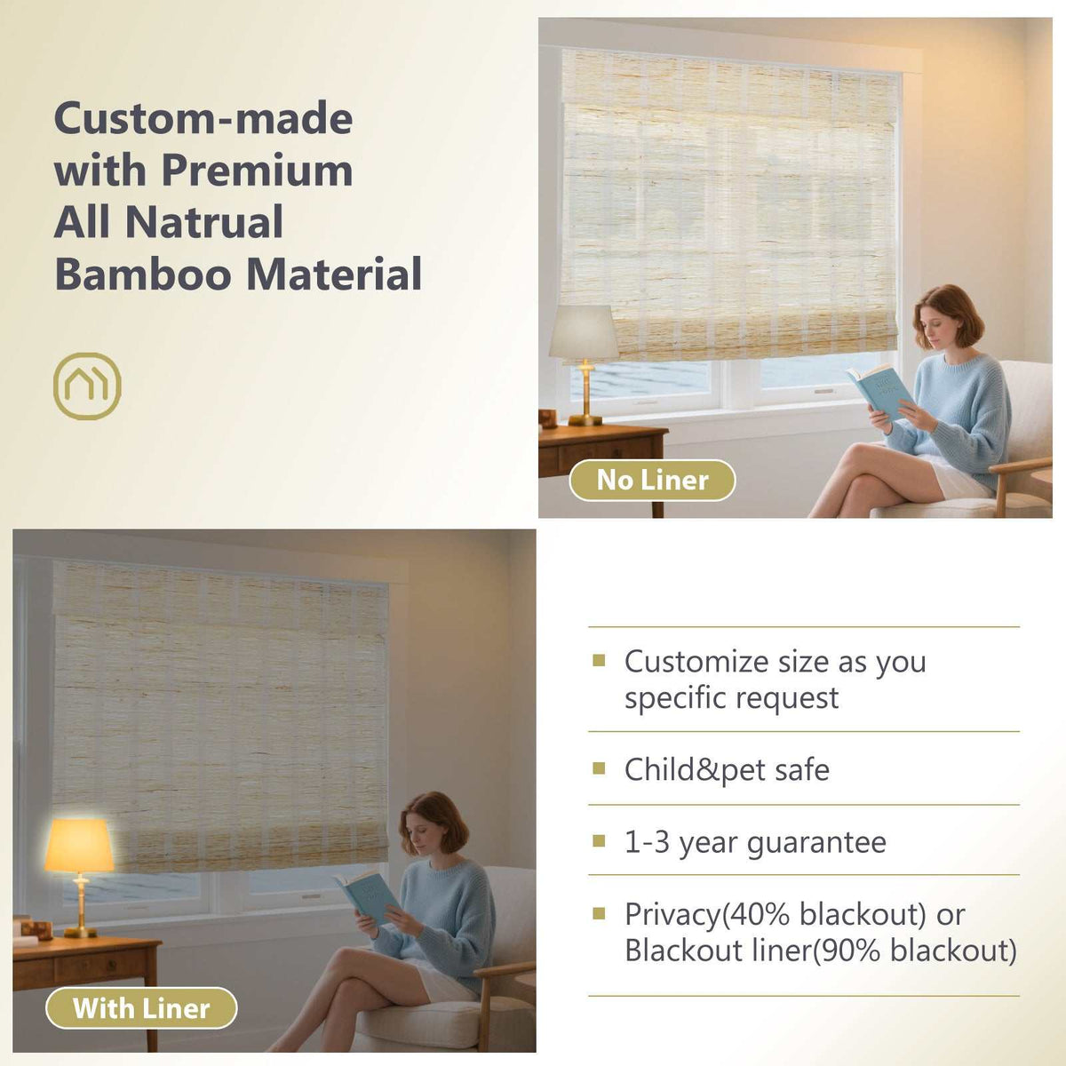 No-Drill 100% Linen Roman Shade cordless top down bottom up window blind for easy installation