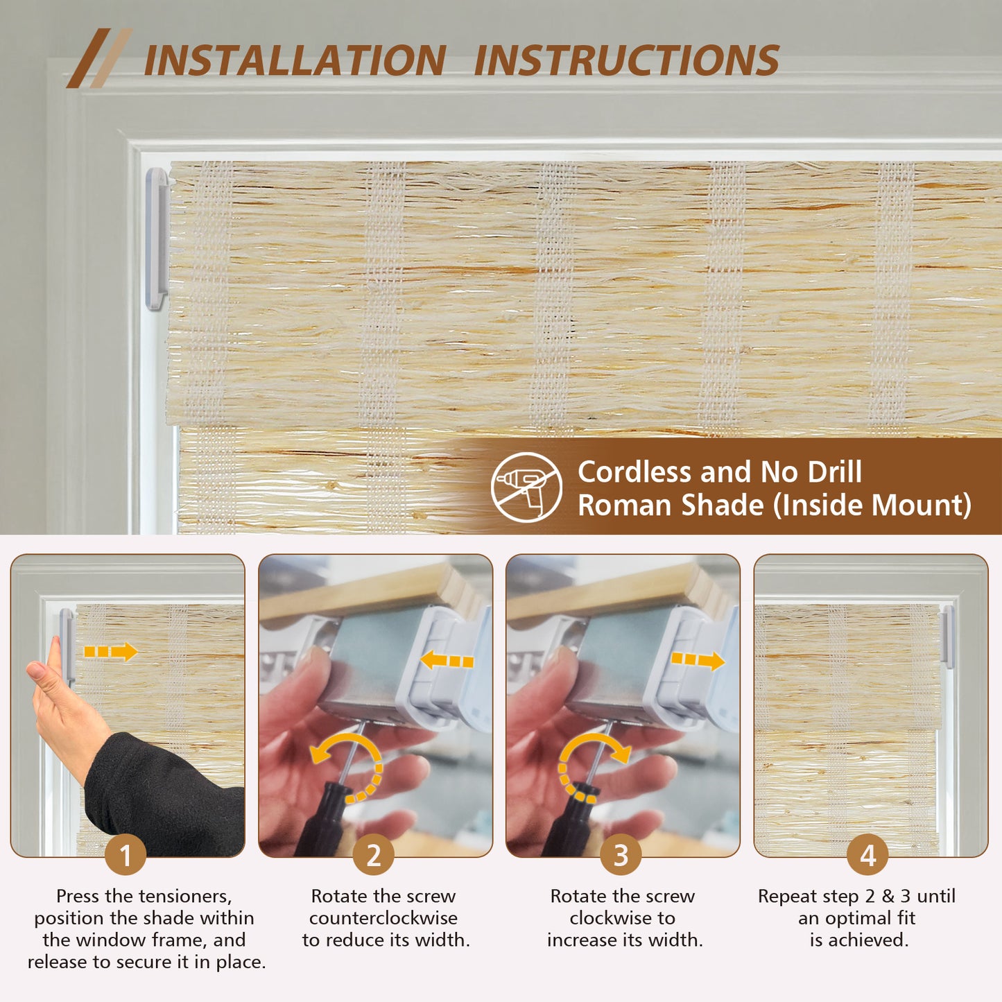 LANTIME No Tools No Drill Cordless Nature Window Shades Blinds, 100% Linen Roman Shades