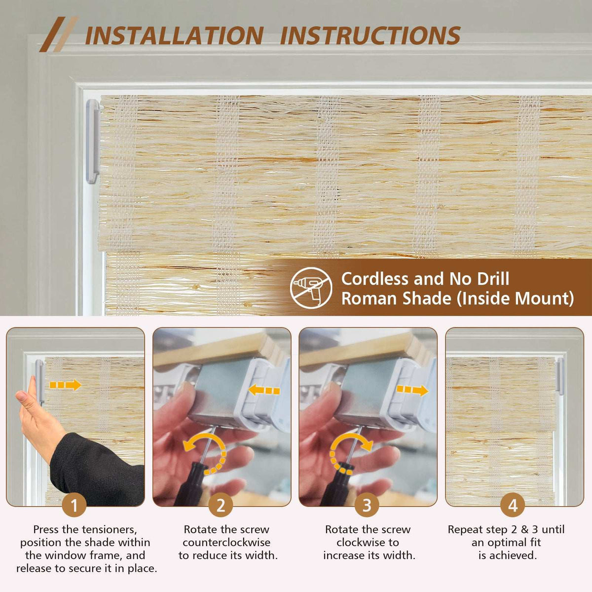 No-Drill 100% linen Roman shade cordless window blind installed without drilling