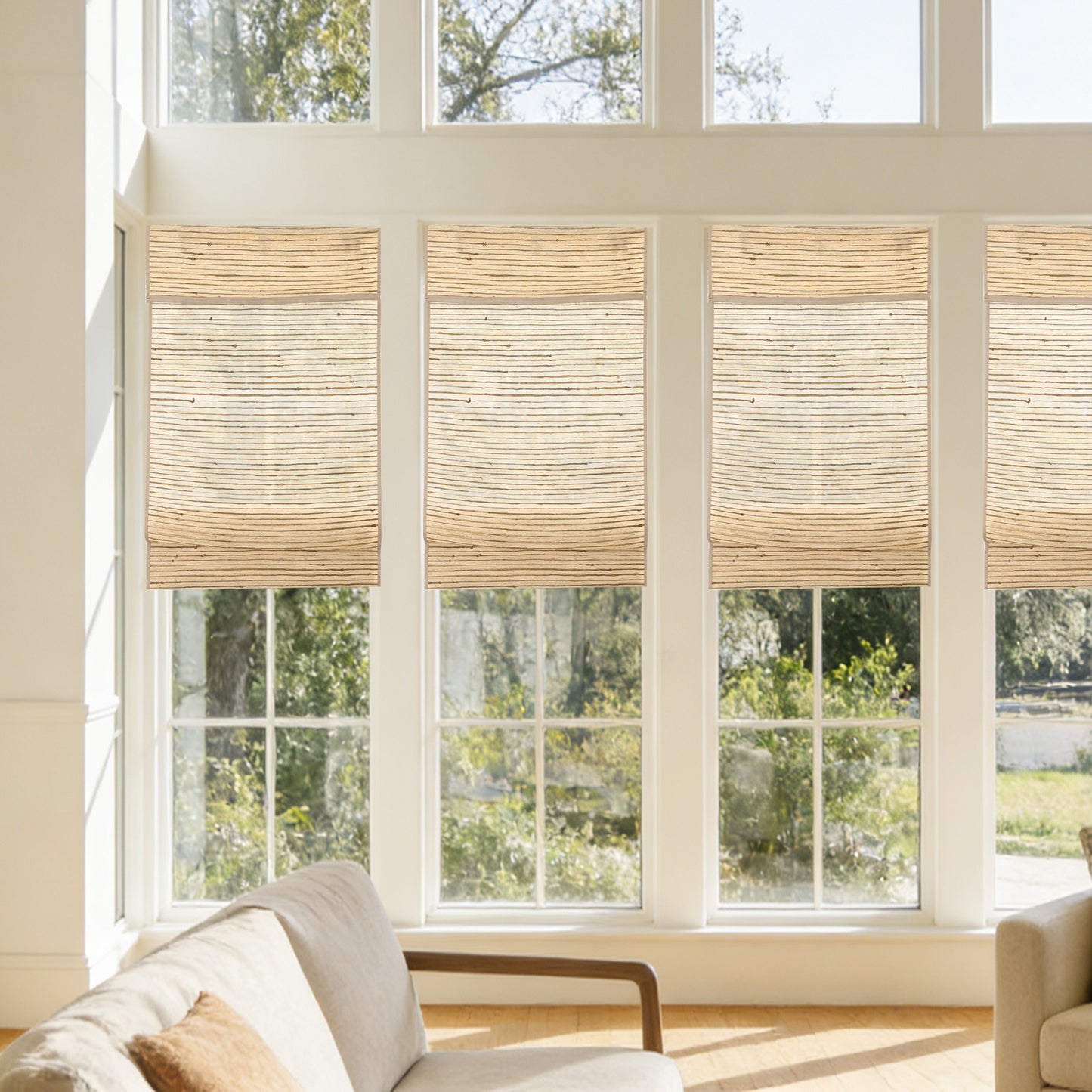 LANTIME No Drill No Tools Cordless Nature Window Blinds Shades, Natural Ramie Roman Shades