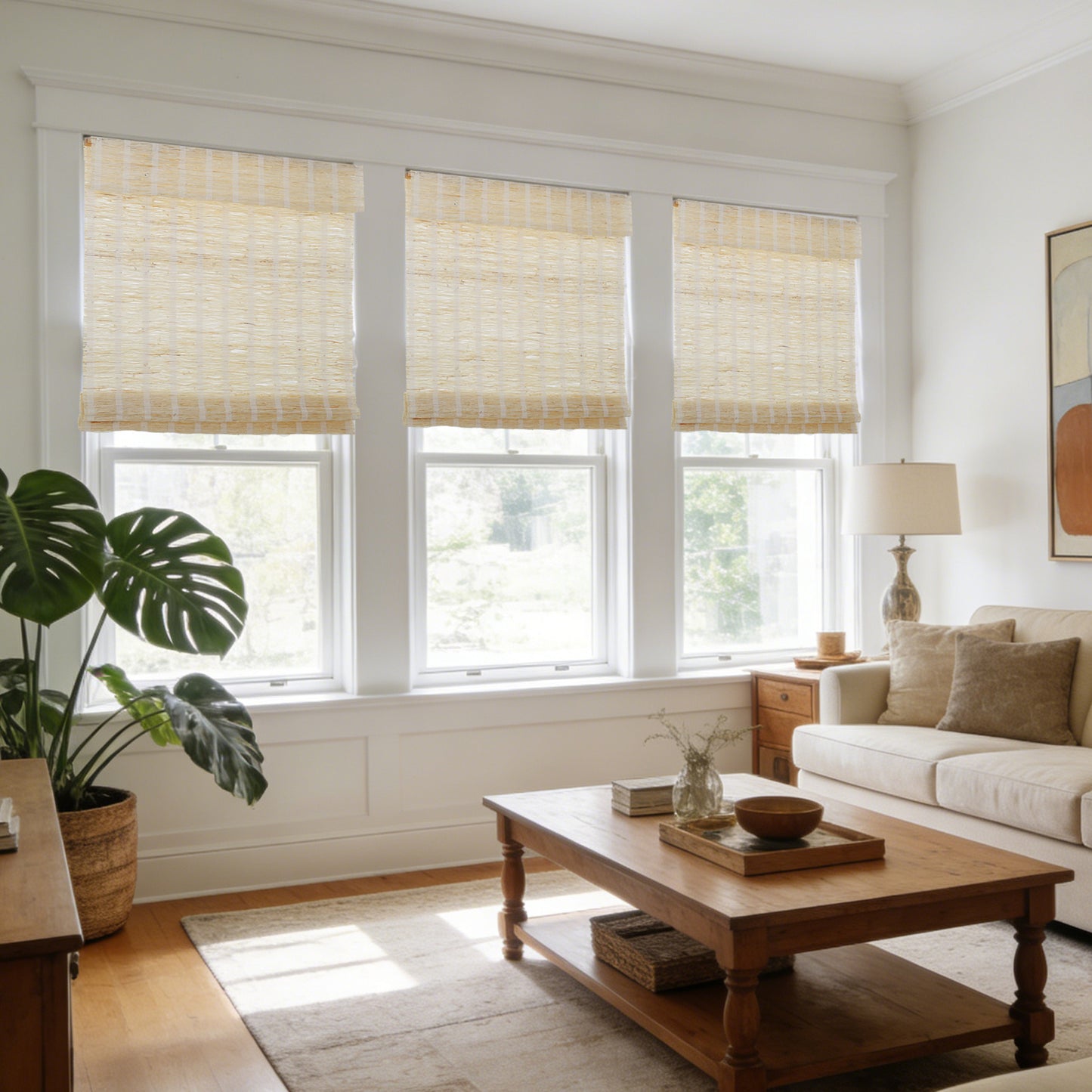 LANTIME No Tools No Drill Cordless Nature Window Shades Blinds, 100% Linen Roman Shades