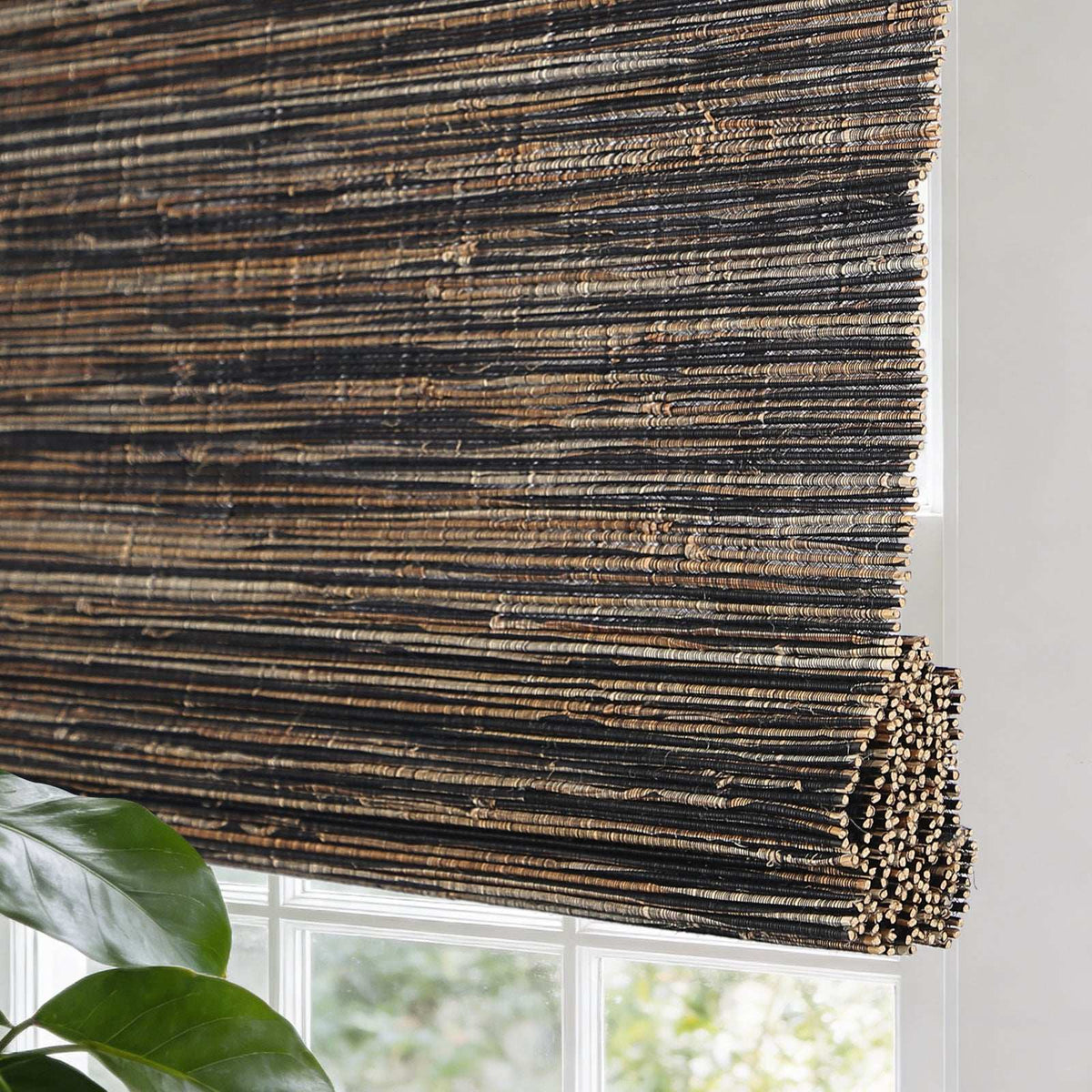 No-drill bamboo Roman shade installed on a window, cordless and easy to install without tools