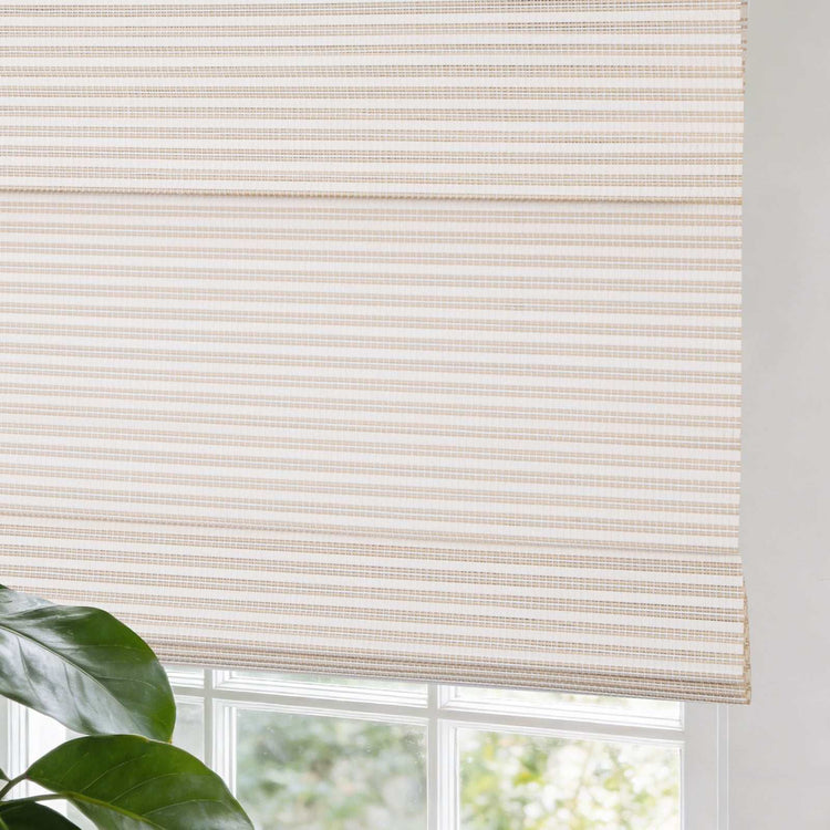 No-Drill Bamboo Roman Shade installed cordless on window, easy 45-second setup without tools or drilling